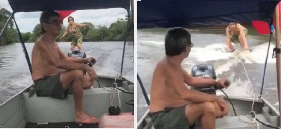 ‘Vovó radical’ de 69 anos viraliza ao surfar em ‘esqui aquático’ improvisado por rio da Amazôni