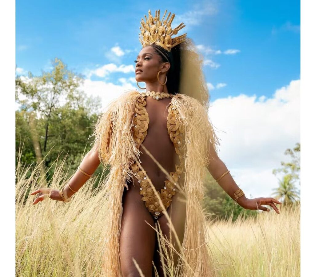 Rainha de bateria da escola Unidos do Viradouro usa fantasia de Capim Dourado do Tocantins