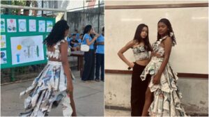 Aluna de 13 anos transforma jornais em vestido sustentável