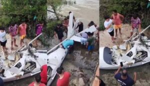 Avião de pequeno porte cai em praia de Mosqueiro, em Belém