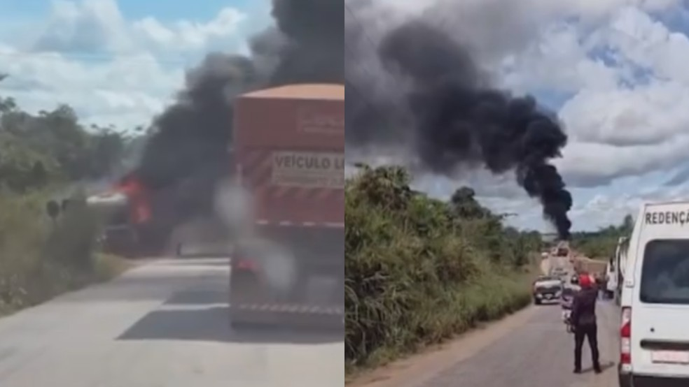 Caminhão-tanque pega fogo na BR-158
