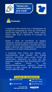 Equatorial informa que o serviço de energia elétrica foi normalizado em Redenção